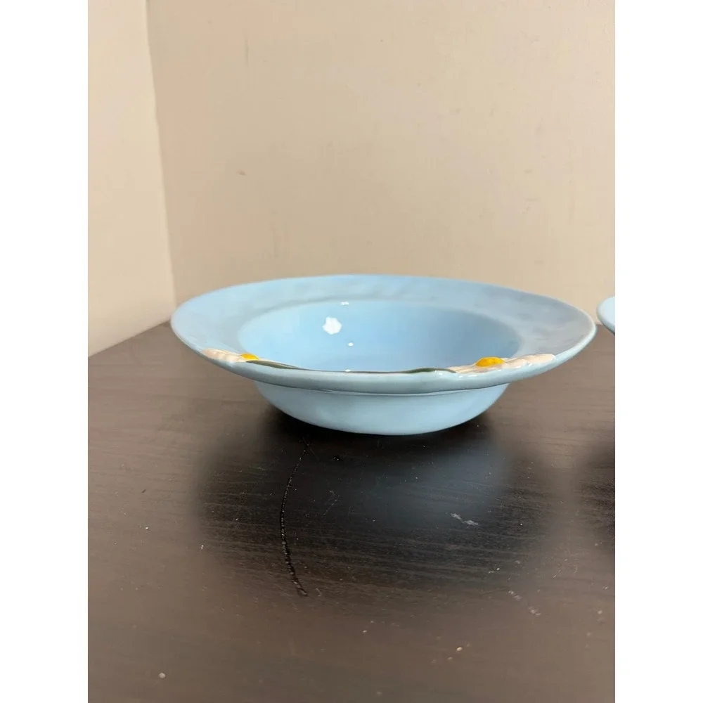 Anthropologie Blue Foster Daisy Ceramic Pasta Bowls Set of 2 Floral Boho 9in